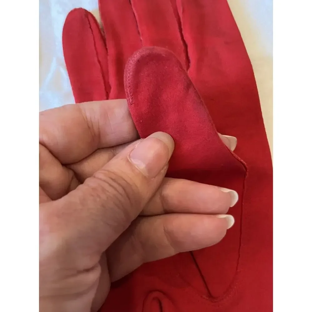 ARIS RED Suede GLOVES Washable Size 7 Made In Germany Vintage Scalloped Cuff - Picture 7 of 7